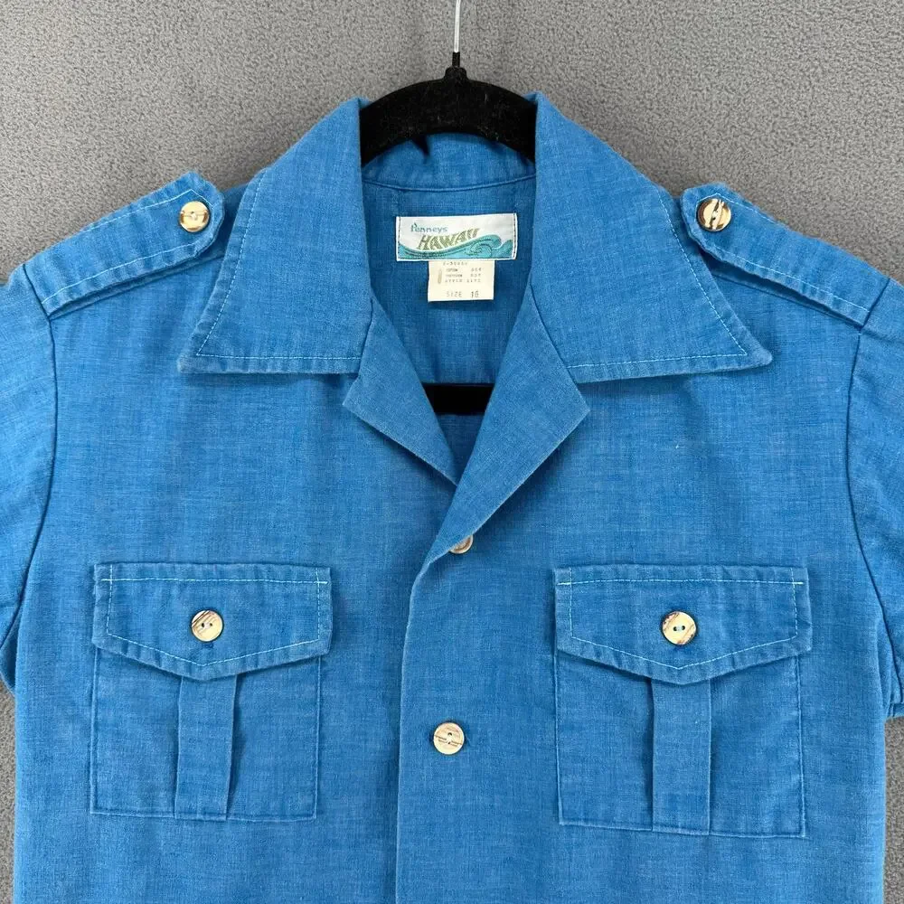 Vintage 60s Penneys Hawaii Camp Shirt Womens 16/S? Blue Lightweight Cotton Blend